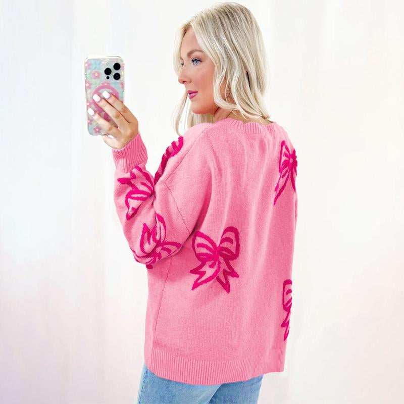 Mntaor Valentine'S Day Pink Bow Sweater Women Casual, Loose Fit Drop Shoulder Knit Top, Cute Warm Pullover for Fall Winter Spring