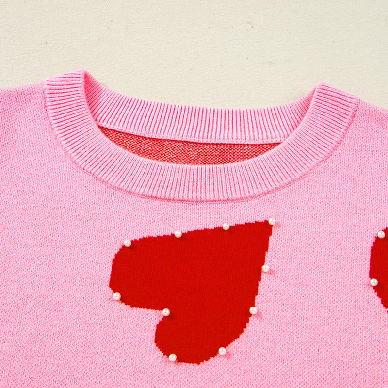 Asvivid Women'S Faux Pearl Embellished Heart Pattern Valentines Day Sweater Tops Long Sleeve Pink Knitwear for Casual Wear Womenswear