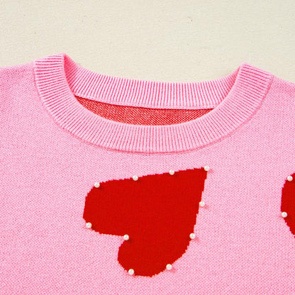 Asvivid Women'S Faux Pearl Embellished Heart Pattern Valentines Day Sweater Tops Long Sleeve Pink Knitwear for Casual Wear Womenswear