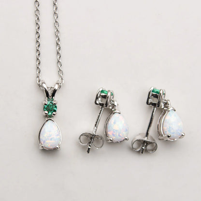 Jewelry Set for Women, Natural Pear Shaped 7X5Mm Opal and 3Mm Created Emerald Pendant Necklace and Matching Pear Shaped Opal and Emerald Stud Earrings