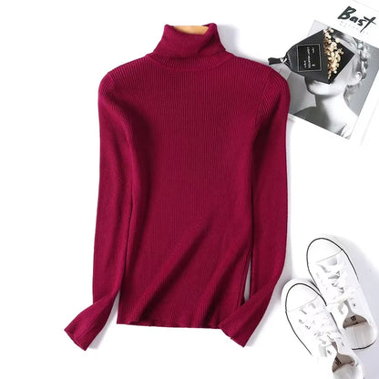 Casual Soft Polo-Neck Jumper New Autumn Winter Women Knitted Turtleneck Sweater Fashion Slim Elasticity Solid Ribbed Pullovers