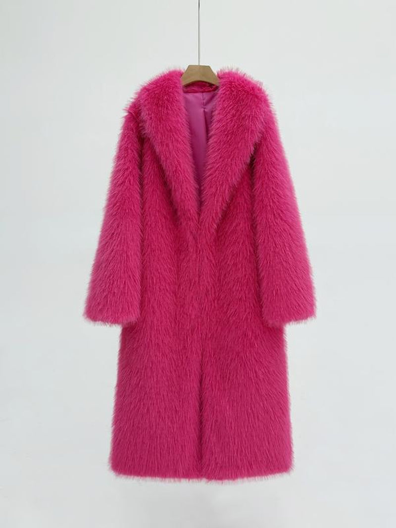 Women'S Long Faux Fur Coat, Loose Fit Winter Outerwear, Elegant Plain Design, Warm Fashionable Jacket for Fall & Winter