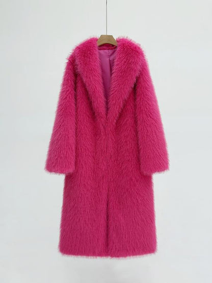 Women'S Long Faux Fur Coat, Loose Fit Winter Outerwear, Elegant Plain Design, Warm Fashionable Jacket for Fall & Winter