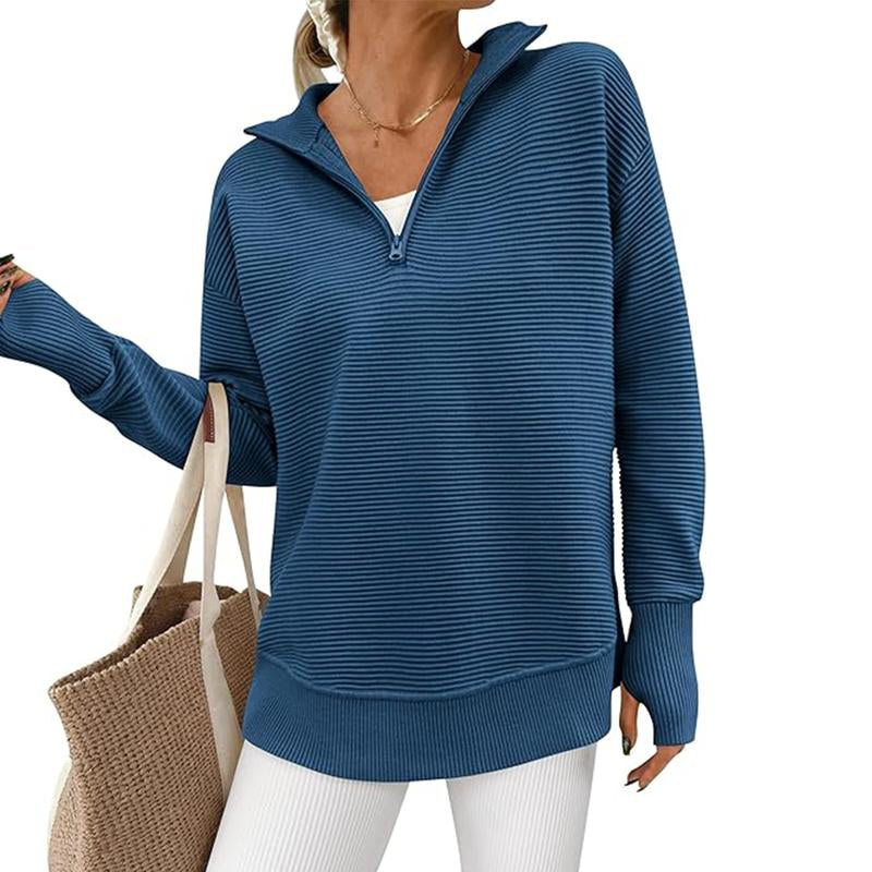 PRETTYGARDEN Women'S Long Sleeve Quarter Zip Pullover Sweater Casual Loose V Neck Collared Ribbed Knit Jumper Tops Thumb Hole Cozy Ribbed Knit Soft Warm Trendy Colors for Every Season