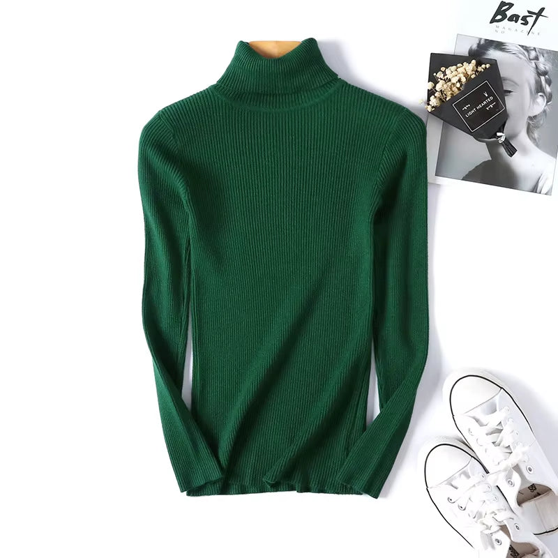 Casual Soft Polo-Neck Jumper New Autumn Winter Women Knitted Turtleneck Sweater Fashion Slim Elasticity Solid Ribbed Pullovers