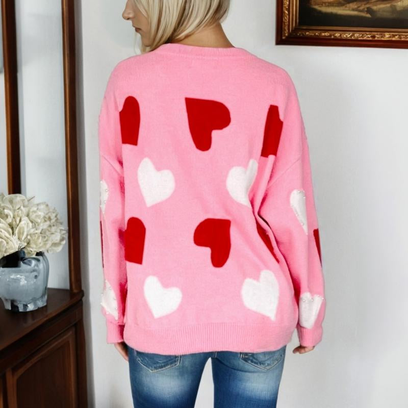 Asvivid Women'S Faux Pearl Embellished Heart Pattern Valentines Day Sweater Tops Long Sleeve Pink Knitwear for Casual Wear Womenswear