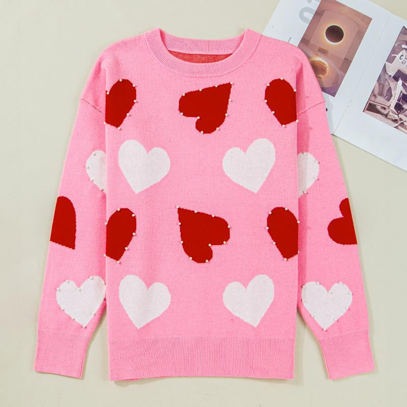 Asvivid Women'S Faux Pearl Embellished Heart Pattern Valentines Day Sweater Tops Long Sleeve Pink Knitwear for Casual Wear Womenswear