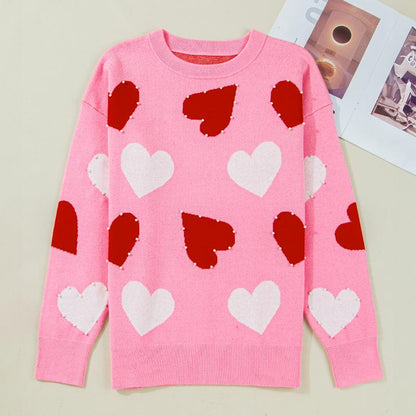 Asvivid Women'S Faux Pearl Embellished Heart Pattern Valentines Day Sweater Tops Long Sleeve Pink Knitwear for Casual Wear Womenswear