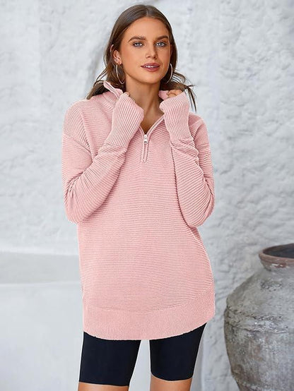 PRETTYGARDEN Women'S Long Sleeve Quarter Zip Pullover Sweater Casual Loose V Neck Collared Ribbed Knit Jumper Tops Thumb Hole Cozy Ribbed Knit Soft Warm Trendy Colors for Every Season