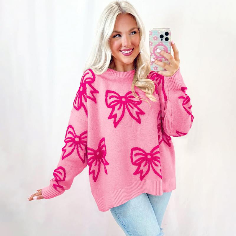 Mntaor Valentine'S Day Pink Bow Sweater Women Casual, Loose Fit Drop Shoulder Knit Top, Cute Warm Pullover for Fall Winter Spring