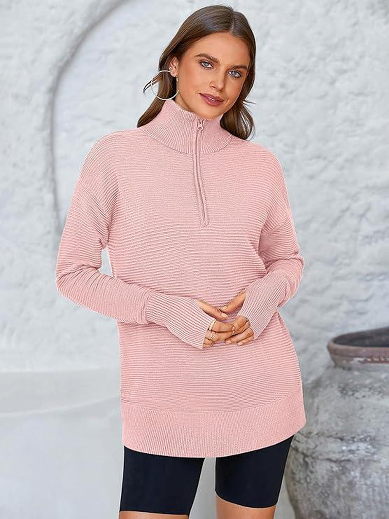PRETTYGARDEN Women'S Long Sleeve Quarter Zip Pullover Sweater Casual Loose V Neck Collared Ribbed Knit Jumper Tops Thumb Hole Cozy Ribbed Knit Soft Warm Trendy Colors for Every Season