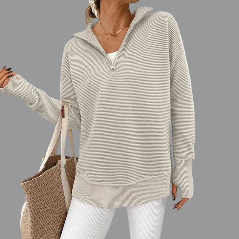 PRETTYGARDEN Women'S Long Sleeve Quarter Zip Pullover Sweater Casual Loose V Neck Collared Ribbed Knit Jumper Tops Thumb Hole Cozy Ribbed Knit Soft Warm Trendy Colors for Every Season