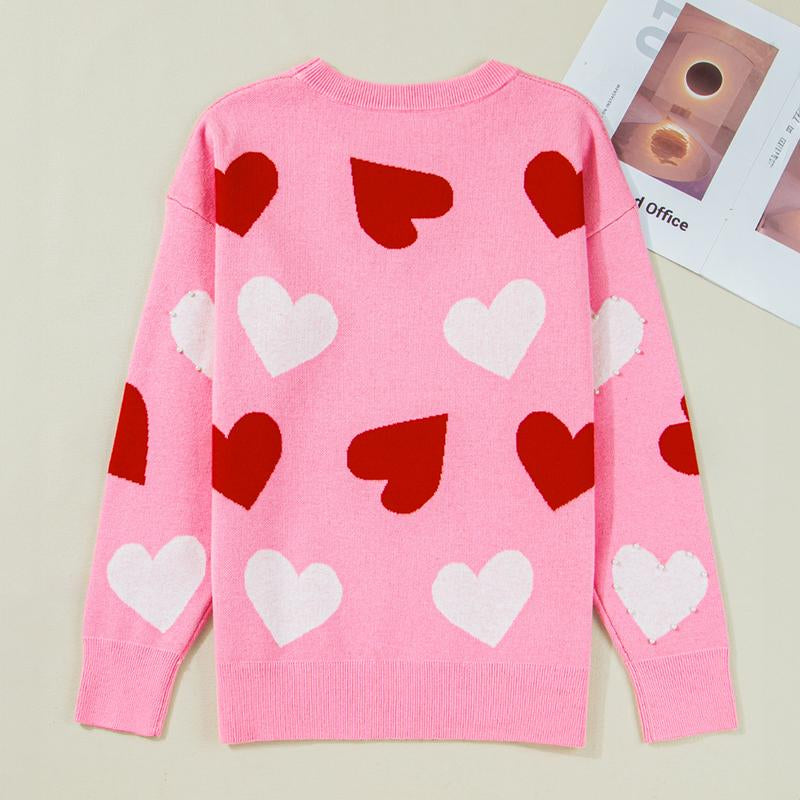 Asvivid Women'S Faux Pearl Embellished Heart Pattern Valentines Day Sweater Tops Long Sleeve Pink Knitwear for Casual Wear Womenswear