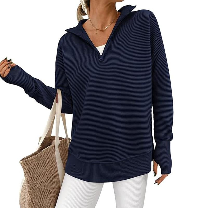 PRETTYGARDEN Women'S Long Sleeve Quarter Zip Pullover Sweater Casual Loose V Neck Collared Ribbed Knit Jumper Tops Thumb Hole Cozy Ribbed Knit Soft Warm Trendy Colors for Every Season