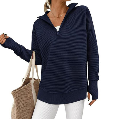 PRETTYGARDEN Women'S Long Sleeve Quarter Zip Pullover Sweater Casual Loose V Neck Collared Ribbed Knit Jumper Tops Thumb Hole Cozy Ribbed Knit Soft Warm Trendy Colors for Every Season
