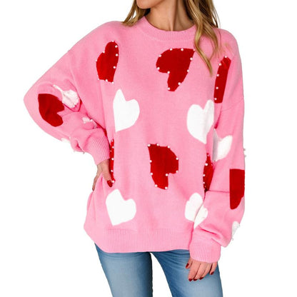 Asvivid Women'S Faux Pearl Embellished Heart Pattern Valentines Day Sweater Tops Long Sleeve Pink Knitwear for Casual Wear Womenswear