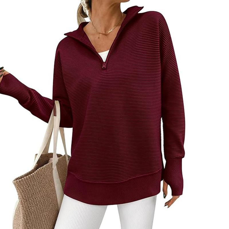 PRETTYGARDEN Women'S Long Sleeve Quarter Zip Pullover Sweater Casual Loose V Neck Collared Ribbed Knit Jumper Tops Thumb Hole Cozy Ribbed Knit Soft Warm Trendy Colors for Every Season
