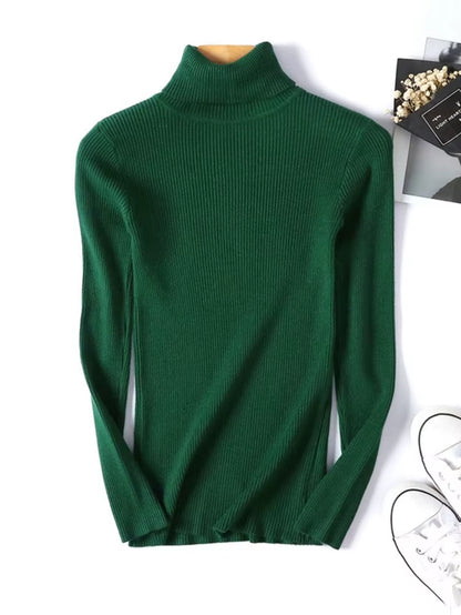 Casual Soft Polo-Neck Jumper New Autumn Winter Women Knitted Turtleneck Sweater Fashion Slim Elasticity Solid Ribbed Pullovers