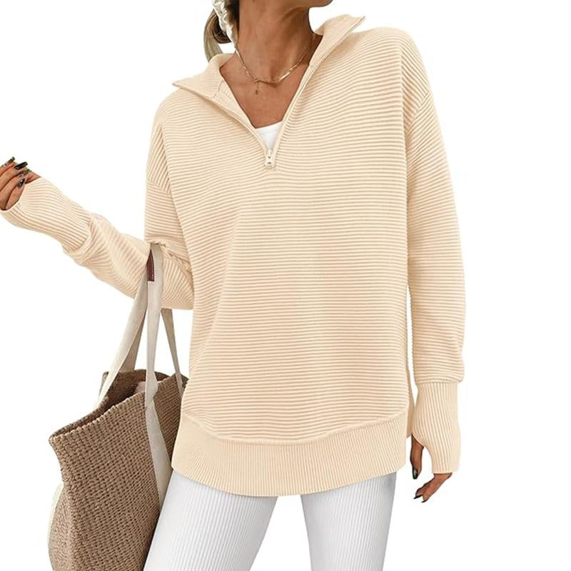 PRETTYGARDEN Women'S Long Sleeve Quarter Zip Pullover Sweater Casual Loose V Neck Collared Ribbed Knit Jumper Tops Thumb Hole Cozy Ribbed Knit Soft Warm Trendy Colors for Every Season