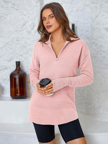 PRETTYGARDEN Women'S Long Sleeve Quarter Zip Pullover Sweater Casual Loose V Neck Collared Ribbed Knit Jumper Tops Thumb Hole Cozy Ribbed Knit Soft Warm Trendy Colors for Every Season