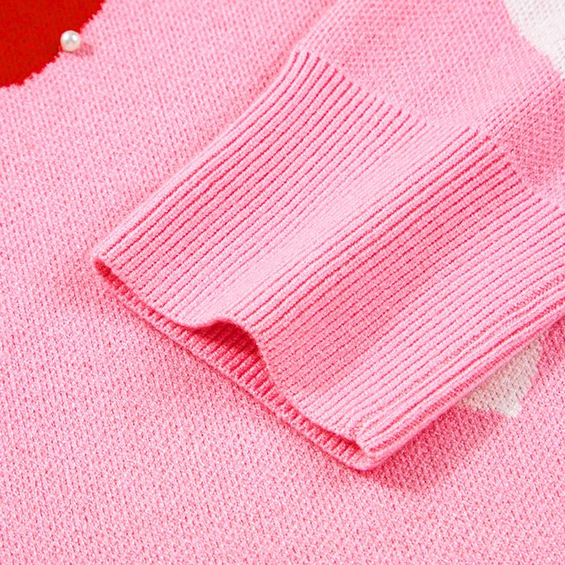 Asvivid Women'S Faux Pearl Embellished Heart Pattern Valentines Day Sweater Tops Long Sleeve Pink Knitwear for Casual Wear Womenswear