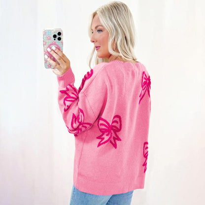 Mntaor Valentine'S Day Pink Bow Sweater Women Casual, Loose Fit Drop Shoulder Knit Top, Cute Warm Pullover for Fall Winter Spring