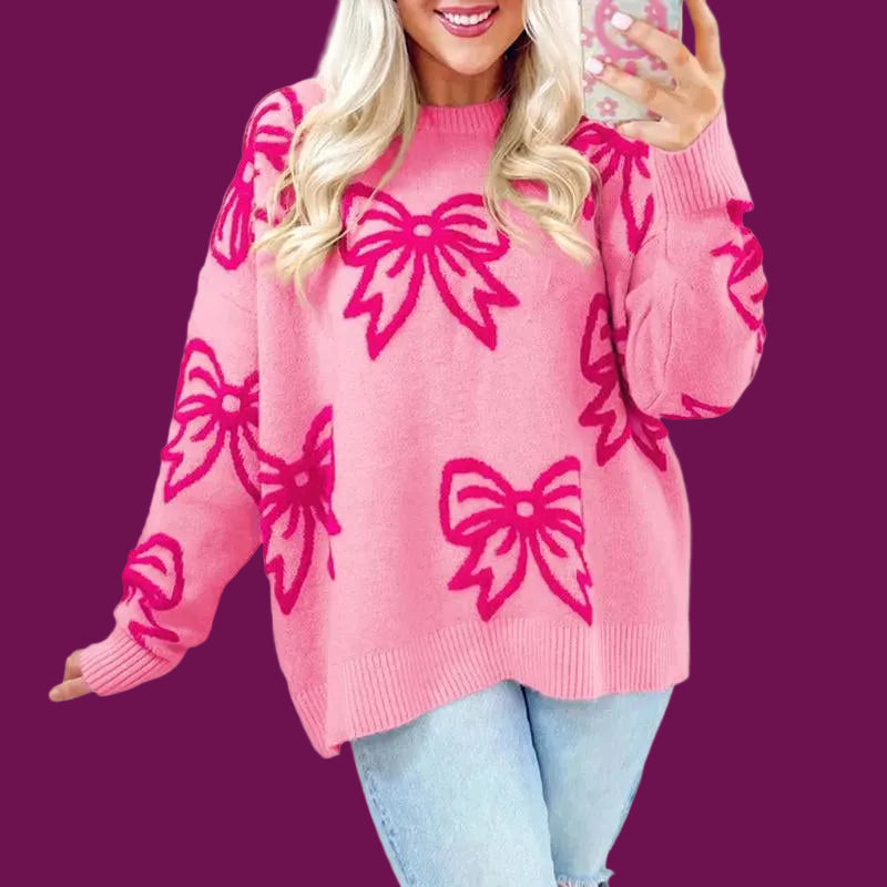 Mntaor Valentine'S Day Pink Bow Sweater Women Casual, Loose Fit Drop Shoulder Knit Top, Cute Warm Pullover for Fall Winter Spring