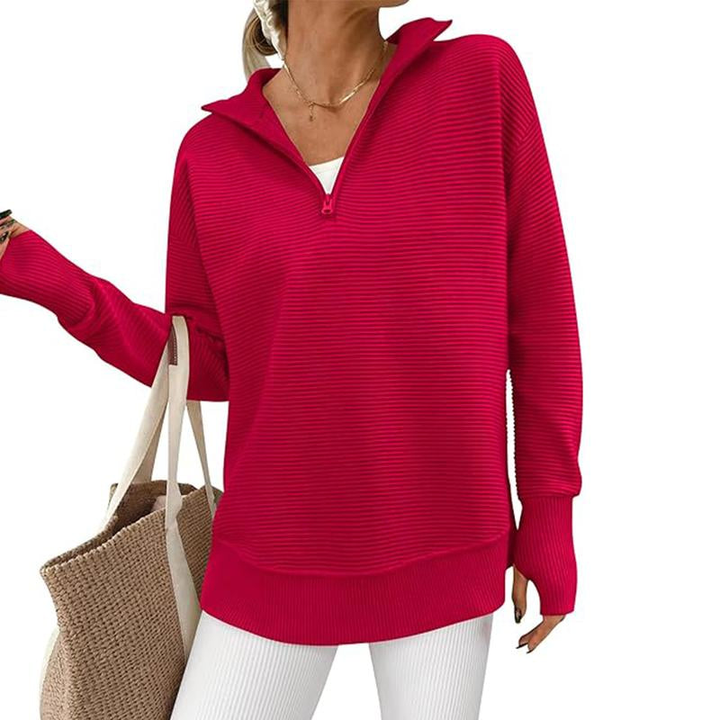 PRETTYGARDEN Women'S Long Sleeve Quarter Zip Pullover Sweater Casual Loose V Neck Collared Ribbed Knit Jumper Tops Thumb Hole Cozy Ribbed Knit Soft Warm Trendy Colors for Every Season
