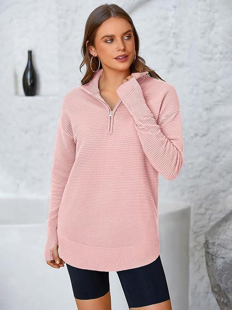 PRETTYGARDEN Women'S Long Sleeve Quarter Zip Pullover Sweater Casual Loose V Neck Collared Ribbed Knit Jumper Tops Thumb Hole Cozy Ribbed Knit Soft Warm Trendy Colors for Every Season