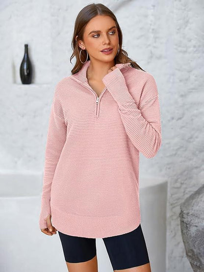 PRETTYGARDEN Women'S Long Sleeve Quarter Zip Pullover Sweater Casual Loose V Neck Collared Ribbed Knit Jumper Tops Thumb Hole Cozy Ribbed Knit Soft Warm Trendy Colors for Every Season