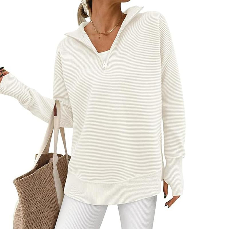 PRETTYGARDEN Women'S Long Sleeve Quarter Zip Pullover Sweater Casual Loose V Neck Collared Ribbed Knit Jumper Tops Thumb Hole Cozy Ribbed Knit Soft Warm Trendy Colors for Every Season