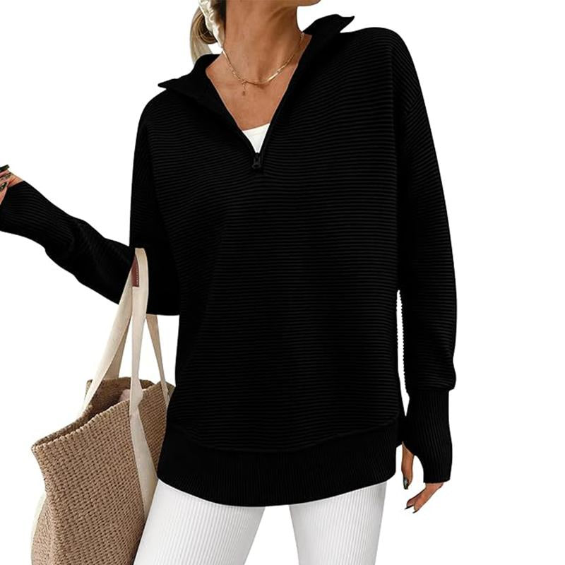 PRETTYGARDEN Women'S Long Sleeve Quarter Zip Pullover Sweater Casual Loose V Neck Collared Ribbed Knit Jumper Tops Thumb Hole Cozy Ribbed Knit Soft Warm Trendy Colors for Every Season