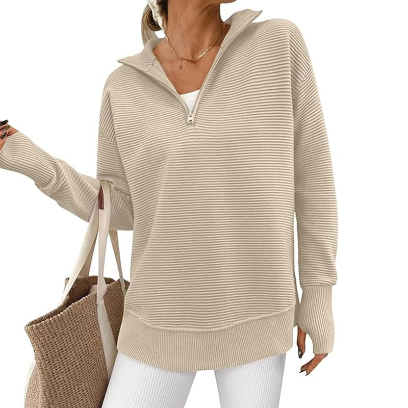 PRETTYGARDEN Women'S Long Sleeve Quarter Zip Pullover Sweater Casual Loose V Neck Collared Ribbed Knit Jumper Tops Thumb Hole Cozy Ribbed Knit Soft Warm Trendy Colors for Every Season
