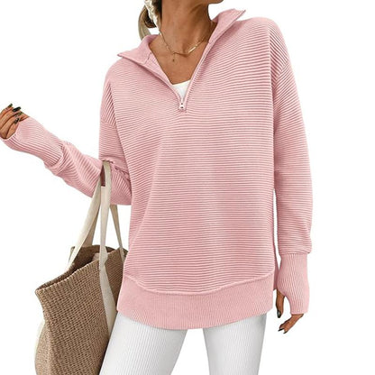 PRETTYGARDEN Women'S Long Sleeve Quarter Zip Pullover Sweater Casual Loose V Neck Collared Ribbed Knit Jumper Tops Thumb Hole Cozy Ribbed Knit Soft Warm Trendy Colors for Every Season