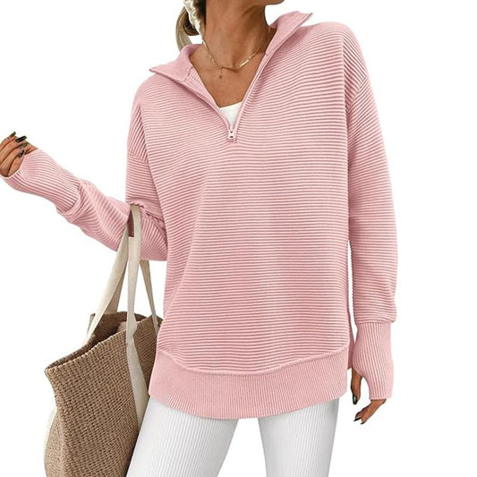 PRETTYGARDEN Women'S Long Sleeve Quarter Zip Pullover Sweater Casual Loose V Neck Collared Ribbed Knit Jumper Tops Thumb Hole Cozy Ribbed Knit Soft Warm Trendy Colors for Every Season