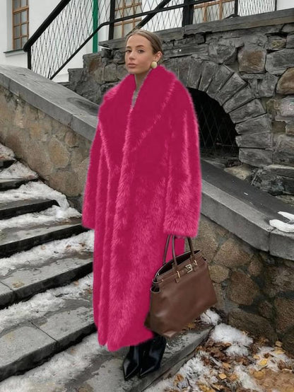 Women'S Long Faux Fur Coat, Loose Fit Winter Outerwear, Elegant Plain Design, Warm Fashionable Jacket for Fall & Winter