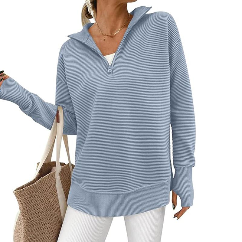 PRETTYGARDEN Women'S Long Sleeve Quarter Zip Pullover Sweater Casual Loose V Neck Collared Ribbed Knit Jumper Tops Thumb Hole Cozy Ribbed Knit Soft Warm Trendy Colors for Every Season