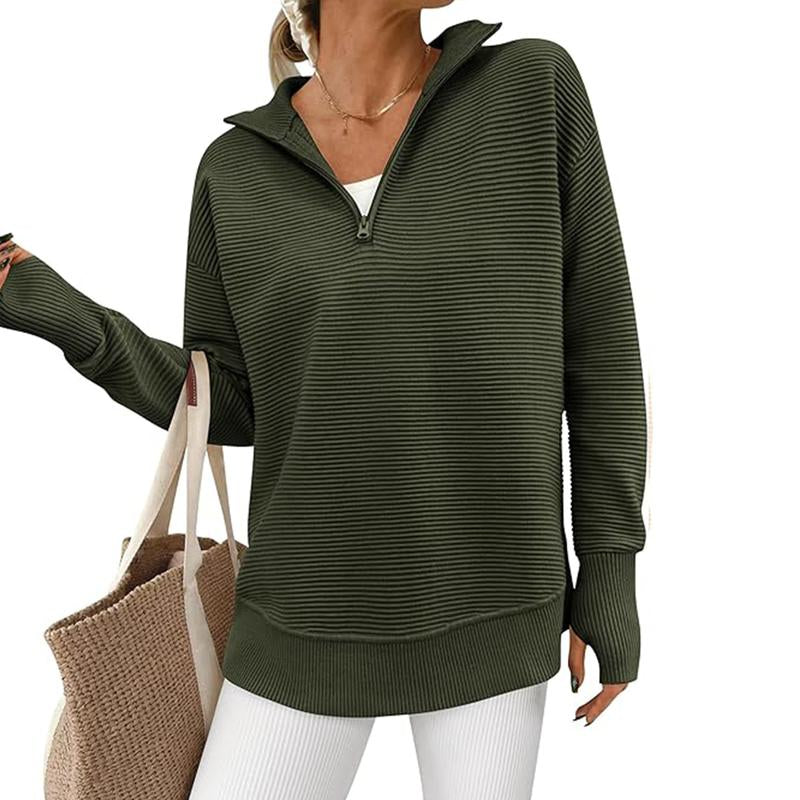 PRETTYGARDEN Women'S Long Sleeve Quarter Zip Pullover Sweater Casual Loose V Neck Collared Ribbed Knit Jumper Tops Thumb Hole Cozy Ribbed Knit Soft Warm Trendy Colors for Every Season