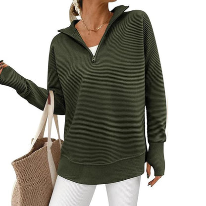 PRETTYGARDEN Women'S Long Sleeve Quarter Zip Pullover Sweater Casual Loose V Neck Collared Ribbed Knit Jumper Tops Thumb Hole Cozy Ribbed Knit Soft Warm Trendy Colors for Every Season