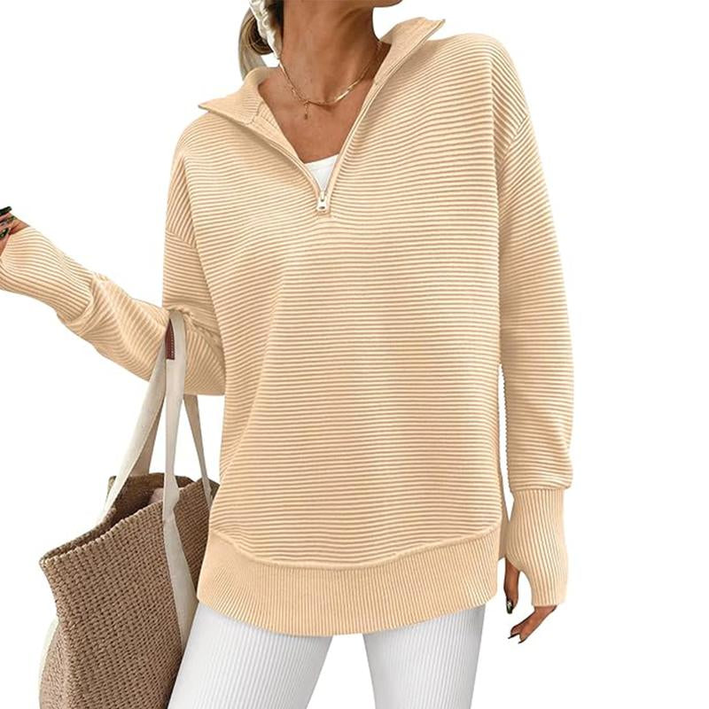 PRETTYGARDEN Women'S Long Sleeve Quarter Zip Pullover Sweater Casual Loose V Neck Collared Ribbed Knit Jumper Tops Thumb Hole Cozy Ribbed Knit Soft Warm Trendy Colors for Every Season
