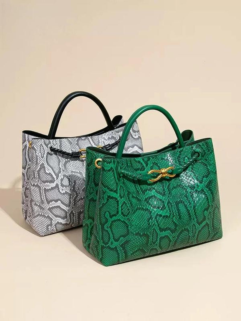 Snake-Print Tote Bag – Large Capacity Women’S Handbag with Butterfly Metal Clasp, Shoulder & Crossbody, Unique Designer Style